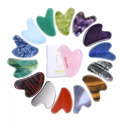 Monsera gua sha stones in rose quartz, jade, green aventurine and clear quartz