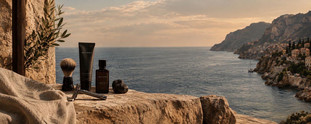 Monsera safety razor, shaving brush and grooming products on a stone ledge overlooking the Mediterranean Sea at sunset