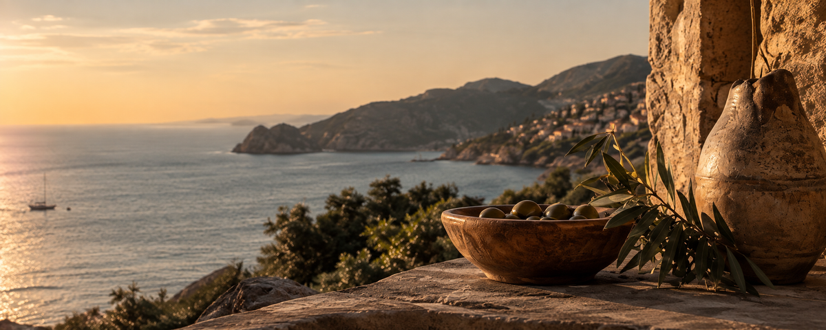 Wooden bowl of olives, olive branch and clay jug on a stone ledge overlooking the Mediterranean coast at sunset